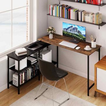 Computer desk, left or right, L-shaped, 2 shelves, Brown, 135 × 120 × 74.5 cm