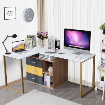 Computer desk, Double, 3 drawers, straight or L-shaped, White/gold/gray/yellow, 220 × 55 × 76 cm