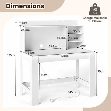 Computer desk, with top shelf, White, 108 × 125 × 60 cm