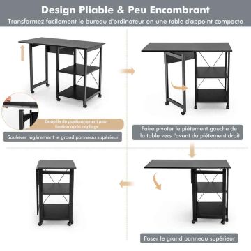 Computer desk, foldable, 2 shelves, Brown/black, 106.68 × 76.2 × 76.2 cm