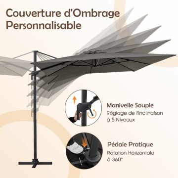 Cantilever hanging umbrella 294×294 cm, gray, with 360° rotation function