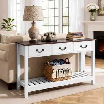 Konsoollaud VEVOR XGZ0701W, 3 sahtlit ja alumine riiul, Pruun ja valge, 120 × 80 × 30 cm