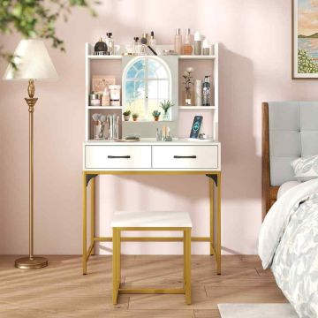 Vanity table, 2 drawers, stool, White, 80 × 138 × 50 cm
