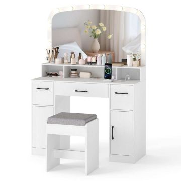 Vanity table, 3 drawers, LED lighting, stool, White, 108 × 149 × 40 cm