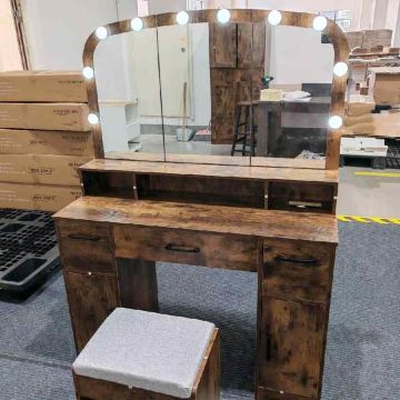 Vanity table, 3 drawers, LED lighting, stool, Brown, 108 × 149 × 40 cm