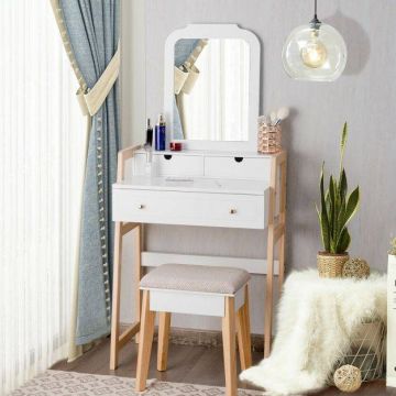 Vanity table, 3 drawers, with mirror and stool, White/natural, 63.5 × 137.16 × 39.37 cm