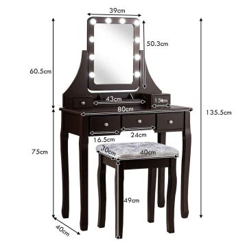 Vacuum table, 5 drawers and stool, Brown, 80 × 135.5 × 40 cm