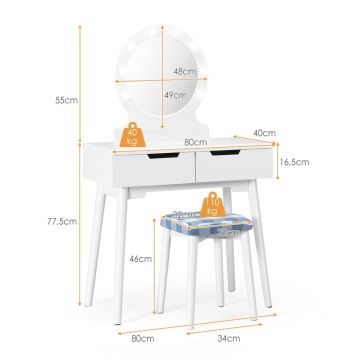 Vanity table, with LED lighting and stool, White, 80 × 40 × 132 cm