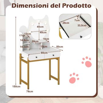 Vanity table, with LED mirror and charging station, White, 80 × 50 × 150 cm