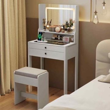 Vanity table, with mirror and stool, White, 64 × 132 × 40 cm
