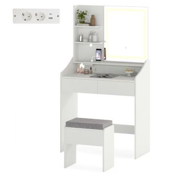 Vacuum table, with mirror, LED lighting and stool, White, 80 × 39 × 142 cm