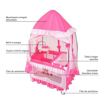 Baby travel cot, 2 levels, Pink, 125 × 65 × 76 cm