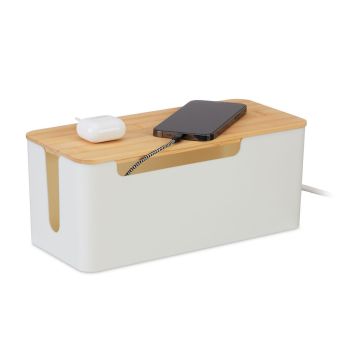 Kaablikarp Relaxdays, 2 toitepistikule, Valge/helepruun, 31 × 13 × 14 cm