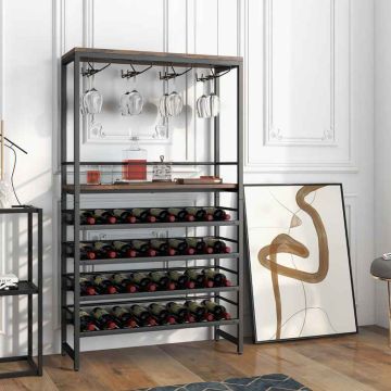 Freestanding wine rack with 4 tiers of wine storage and 4 rows of glass shelves