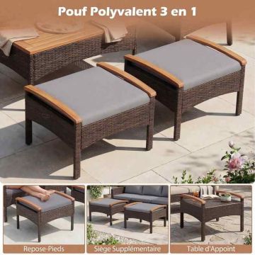 Outdoor furniture set, 5 pieces: 2 armchairs, 2 poufs and a table, Grey, 60.5 × 60 × 73 cm