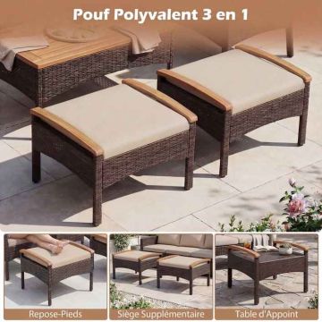 Outdoor furniture set, 5 pieces: 2 armchairs, 2 poufs and a table, Brown, 60.5 × 60 × 73 cm