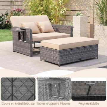 Outdoor furniture set, two-seater sofa, pouf and 2 tables, 166/122 × 70–111 × 55–88 cm