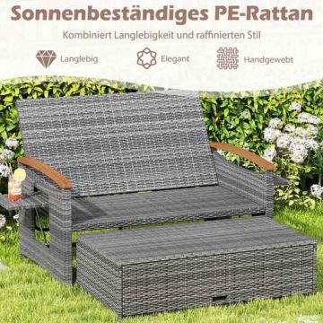 Outdoor furniture set, two-seater bench, pouf and 2 tables, Grey, 164/119 × 72–111 × 54.5–88 cm