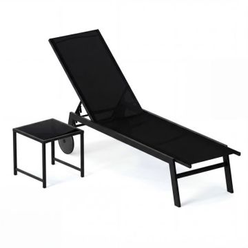 Outdoor lounger with side table, 2-piece, Black, 190–150.5 × 59 × 33.5–99 cm