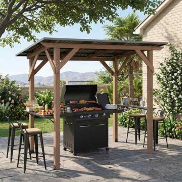 Outdoor gazebo, 2 side shelves, Brown, 263 × 151 × 223 cm