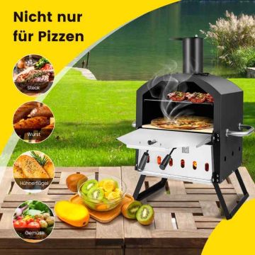 Outdoor pizza oven with removable chimney lid and folding legs, black