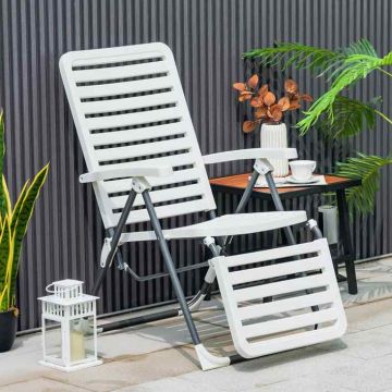 Outdoor lounge chair, 7 backrest positions and footrest, 68.58–147.32 × 62.23 × 72.39–106.68 cm