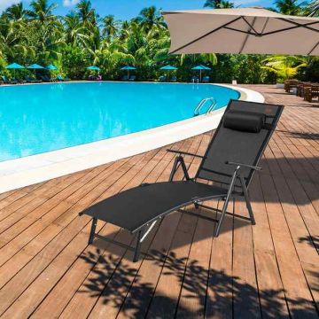 Outdoor chaise longue, 7 backrest positions, Black, 142 × 103 × 61 cm