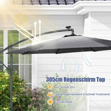 Outdoor Umbrella, 32 LED Lights, Gray, 300 × 300 × 250 cm