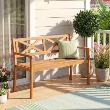 Outdoor Bench, 2-Seater, with Backrest and Armrests, Brown, 22 × 31.5 × 47 inches