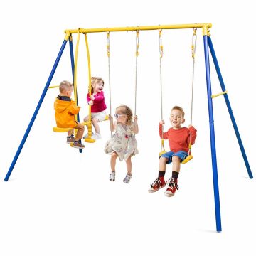 Outdoor swing set, 2 seats and 2 footrests, 266.7 × 195.58 × 152.4 cm