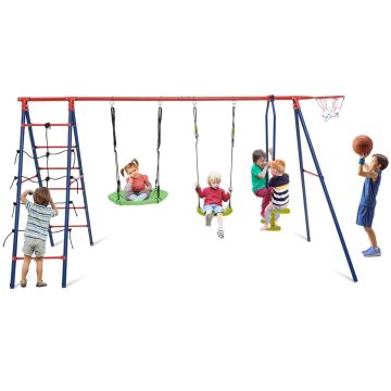 Outdoor swing set, 2 swings, red/blue, 335.28 × 139.7 × 175.26 cm