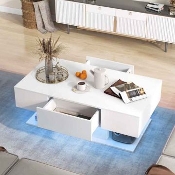 LED coffee table, 2 drawers, White, 110 × 40 × 60 cm