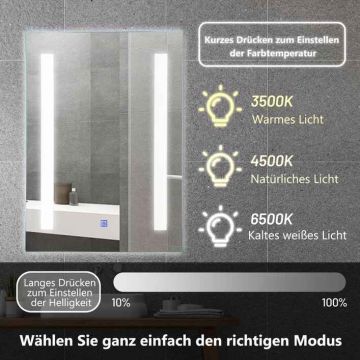 Зеркало для ванной с LED-подсветкой, сенсорная подсветка, 3 цветовые температуры, 70 × 50 см