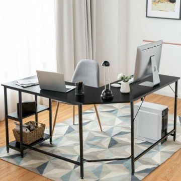 L-shaped office desk with two open shelves, black