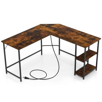 L-shaped desk with two-tier shelf, 138x138 cm, rustic brown