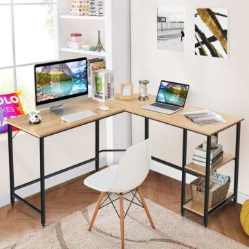 L-shaped computer desk with 2-tier shelf, natural