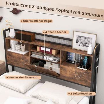 Bed, 3-tier headboard, 4 drawers, Brown, 223 × 112 × 143 cm