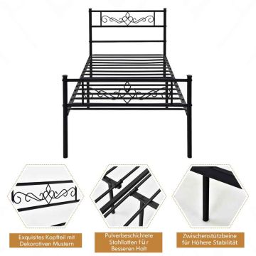 Bed frame, Single bed, Black, 197 × 88.5 × 92 cm