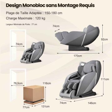 Massage chair, 12 automatic programs, Gray, 146 × 74 × 111 cm
