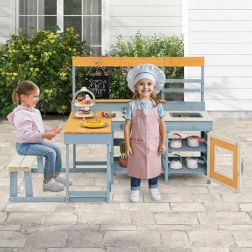 Wooden outdoor kitchen for children, 7 dessert dishes, 150 × 71 × 98 cm
