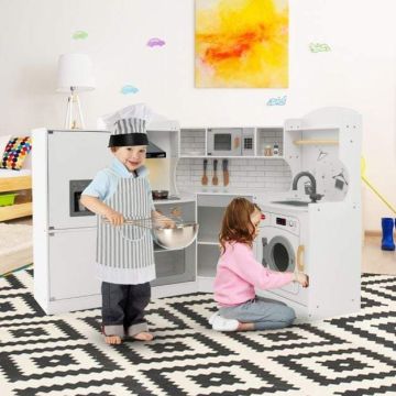 Wooden play kitchen, 4 play areas, white, 32/40/28/42 × 30 × 91 cm