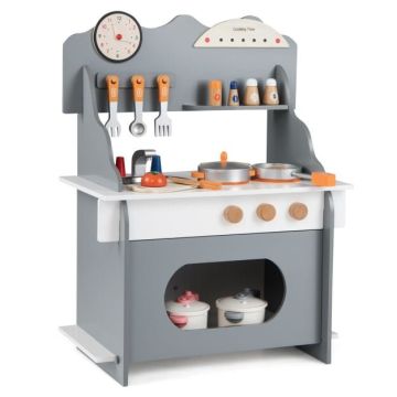 Wooden Play Kitchen, With Clock and Accessories, Gray, 52.1 × 29.2 × 71.1 cm