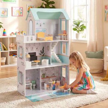 Wooden Dollhouse, 3 Floors, 17 Accessories, Green, 74.5 × 34 × 120.5 cm