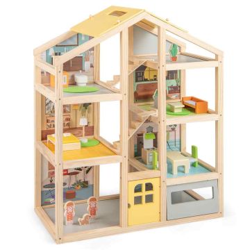 Wooden dollhouse for children with furniture and figures, 3 rooms