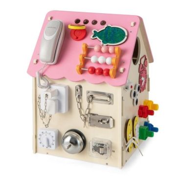Wooden activity center for children with music box, 33x33x45 cm, pink