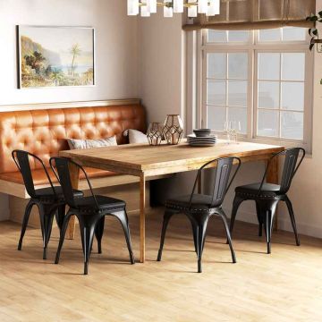 Metal dining chair set of 4 with removable backrest and padded PU leather, black color