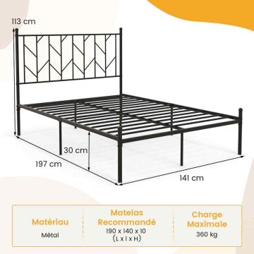 Metal Platform Bed Frame with Headboard, Black, 197x141x113 cm