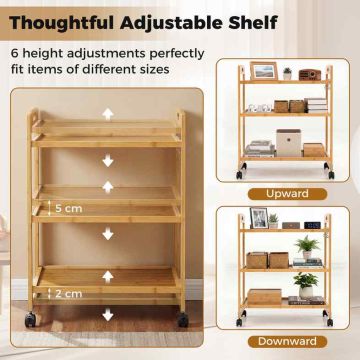 Mobile shelf, 3 tiers, 3 hooks, 4 casters, 59.69 × 33.02 × 71.12 cm