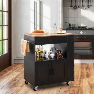 Mobile kitchen cart, with drawer and cabinet, Black, 75 × 46 × 90.5 cm