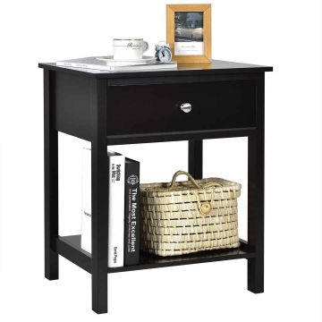 Bedside table, 1 drawer, open shelf, Black, 48.26 × 58.42 × 40.64 cm